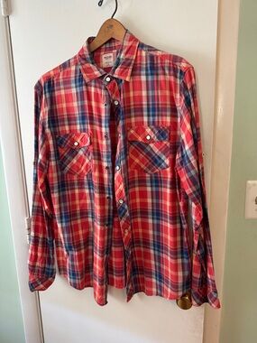 Massimo Red and Blue Plaid Casual Snap-Down Shirt